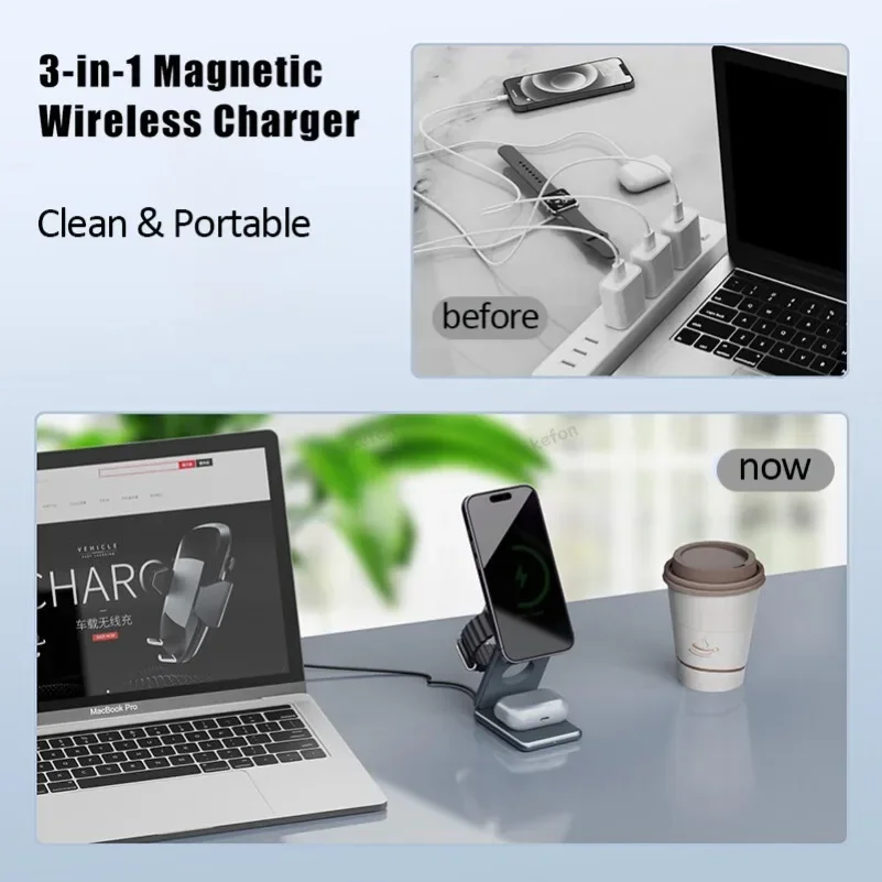 Dual 15W Magnetic 3 in 1 Wireless Charger Stand For iPhone 12-16 Apple Watch 9 8 Samsung Galaxy 6 5 Active Fast Charging Station