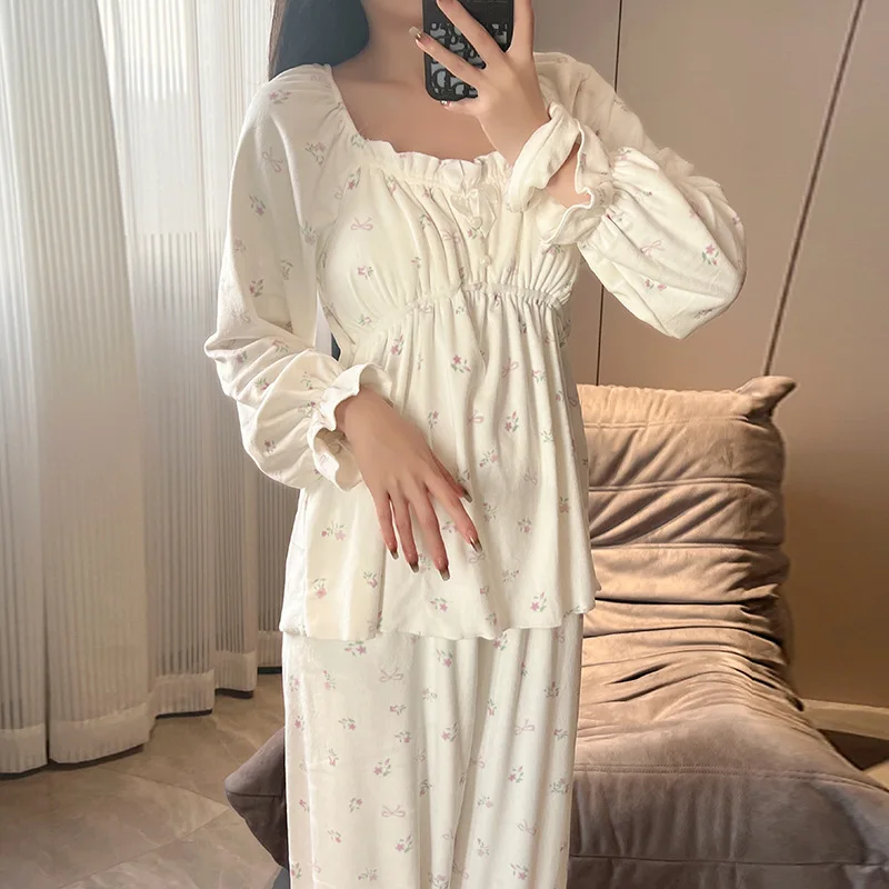 

Island Velvet Pajamas Two Piece Set Autumn Winter Sleepwear Lingerie Long Sleeve Women Elastic Waist Trouser Pijamas Suit