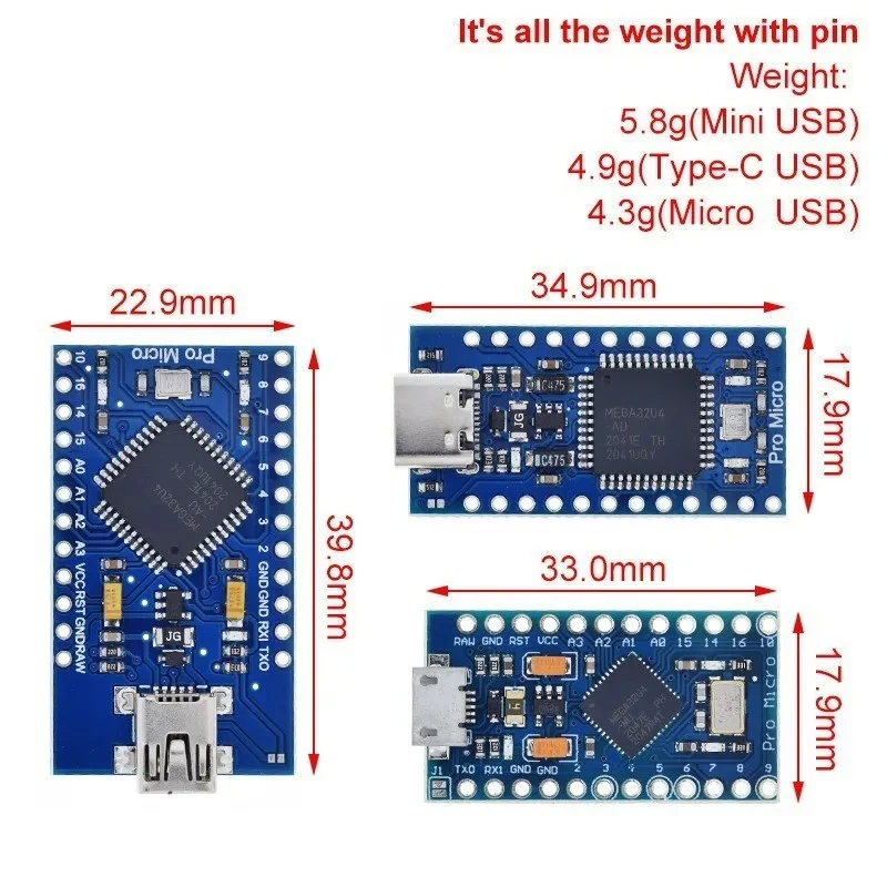 Enhanced Microcontroller Module with USB-C and Pin Headers - ATmega32U4 5V/16MHz