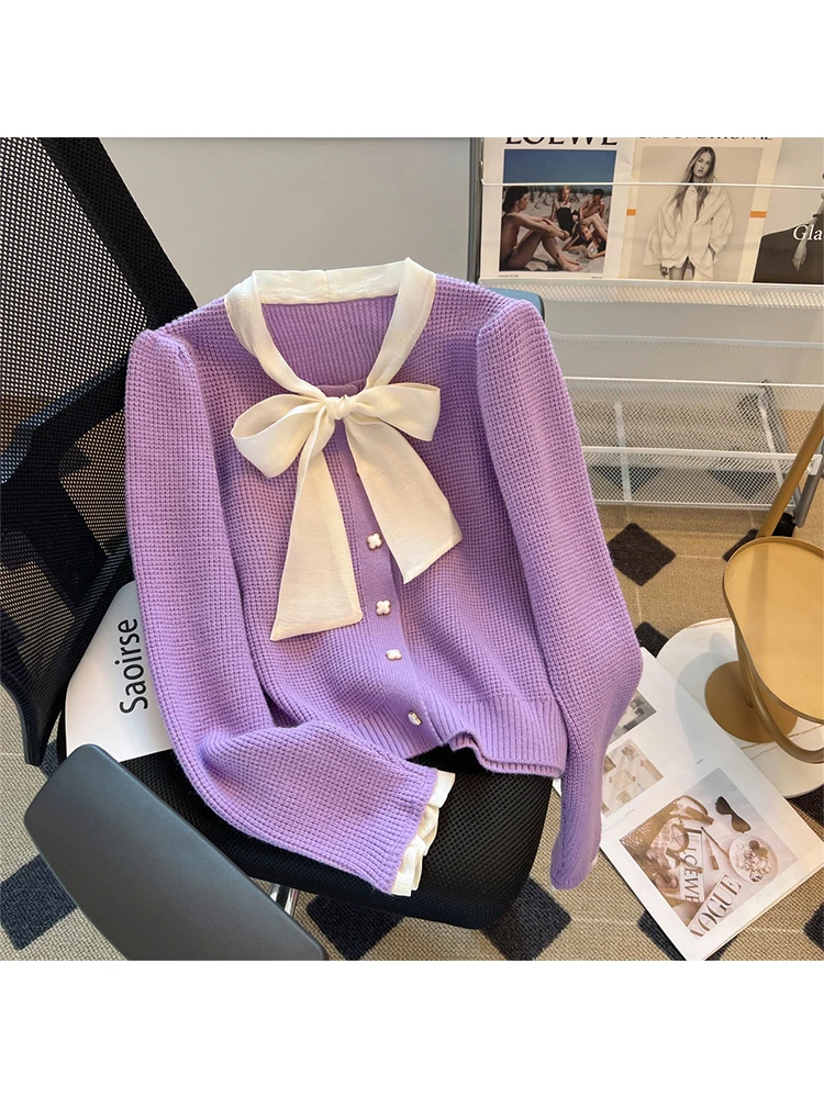 

Women Bow Cardigan Knitted Sweater Waistcoat 2000s Ladies Fashion O-neck Knit Sweater Korean Jumper 90s Y2k Vintage Clothes 2023