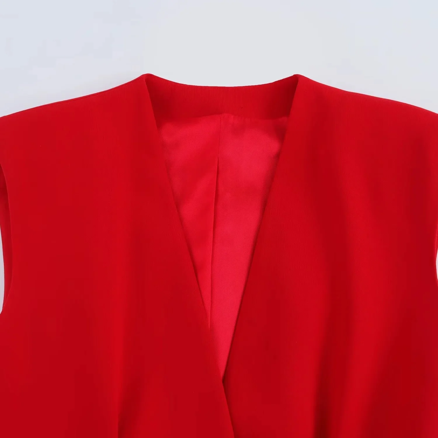 Lady Chic Red Vest Blazer Suit V Neck Sashes Sleeveless Blazer High Waist Wide Leg Pants Fashion Summer Sets