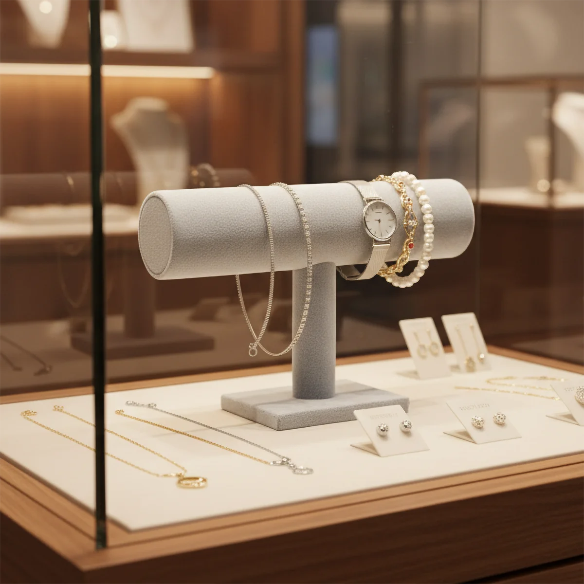 1pc Bracelet Display Stand - 23cm Wide Square Solid Wood Base, Microfiber Cloth Surface for Home Jewelry Storage