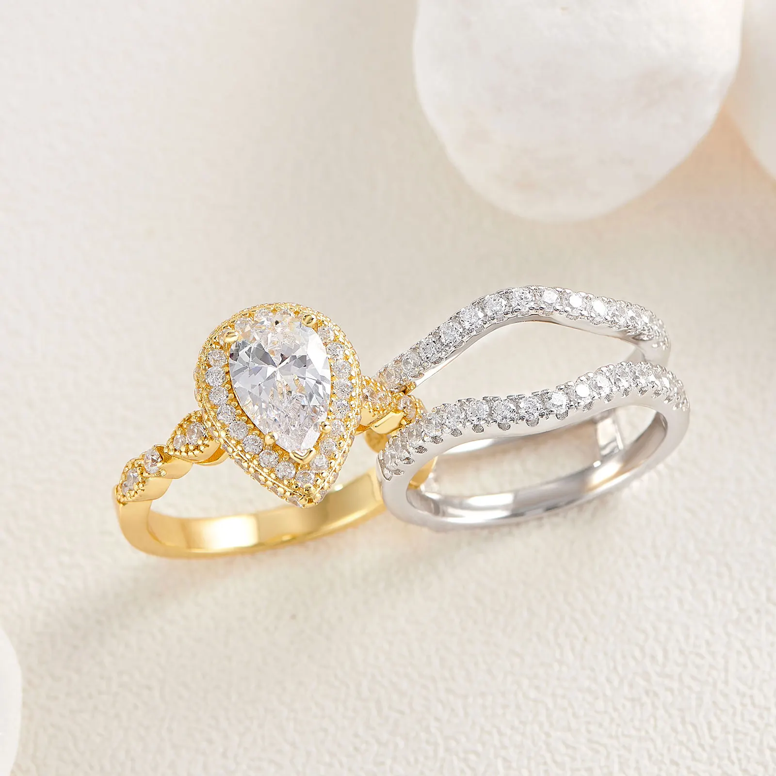 Newshe Yellow & Rose Gold 925 Sterling Silver Pear Shaped Engagement Ring Enhancer Wedding Band Simulated Diamond AAAAA CZ