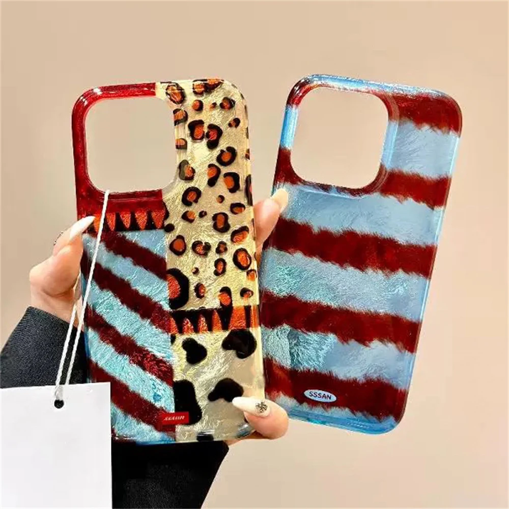 Luxury Laser Y2K Leopard Print Phone Case with Feather Texture