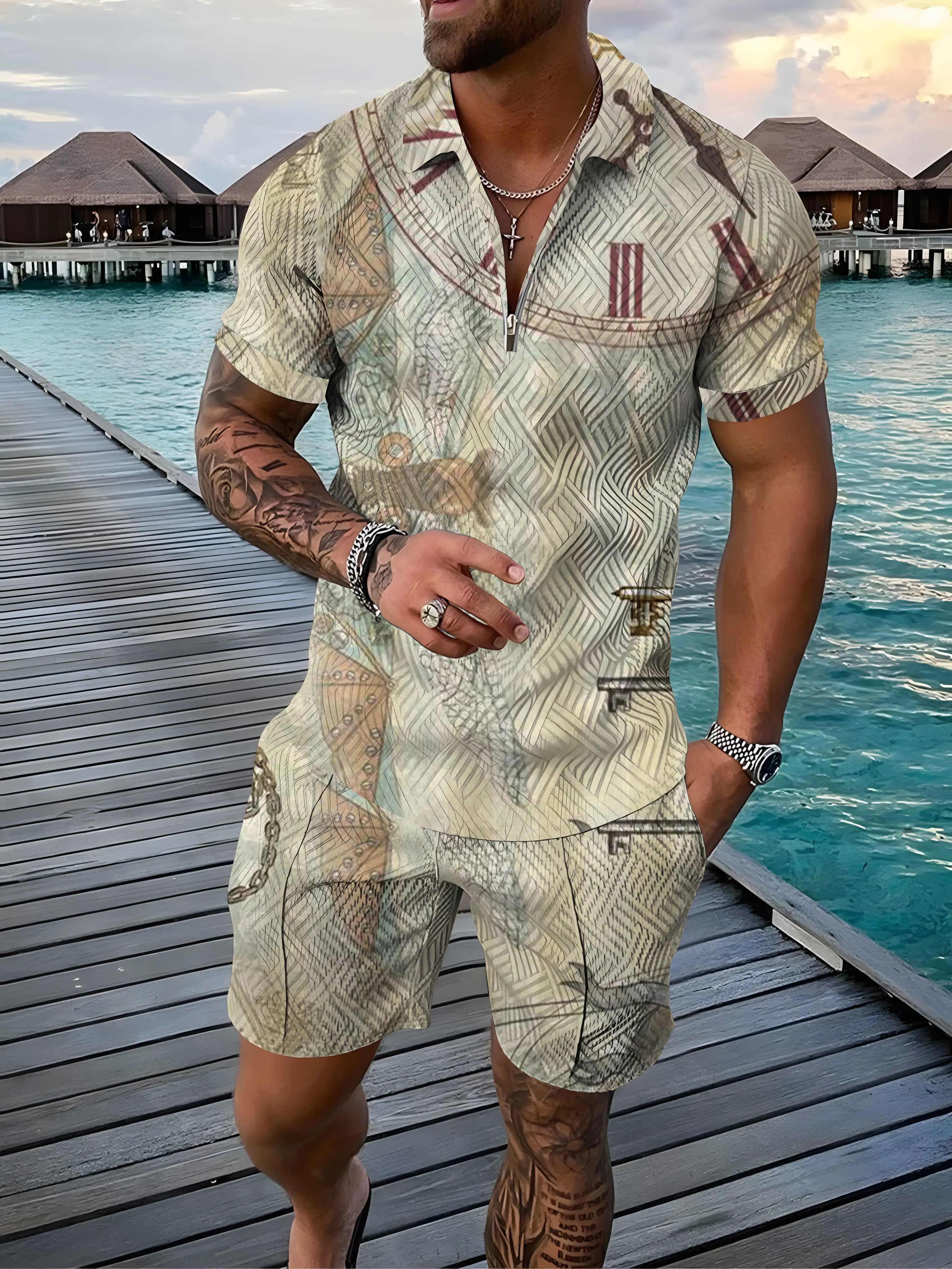New Mens Comfortable Fashion Suit Chain 3D Digital Printing High Quality Zipper Short Sleeve Streetwear