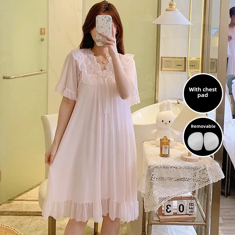 فستان نوم نسائي صيفي جديد ببطانة صدر شبكية بأكمام قصيرة ملابس منزلية ملابس خارجية قميص نوم نسائي على طراز المحكمة