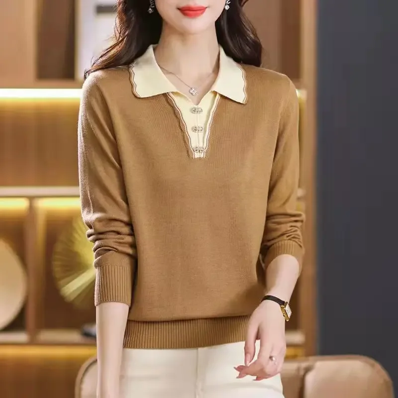 

Korean Fashion Autumn New Women's Pullover Sweater Color Blocking Polo Collar Button Patchwork Long Sleeve Screw Thread Knit Top
