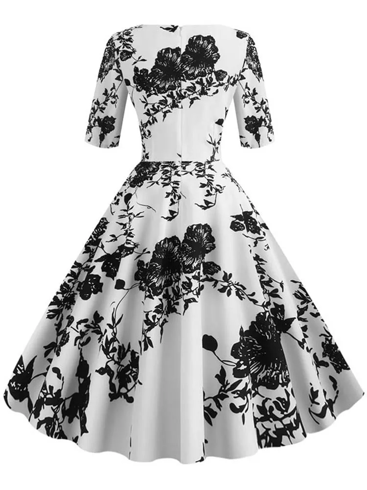 Half Sleeve Black Summer Women Dress Floral Print Vintage Party Dresses Robe Casual Retro A-Line Vestidos 2