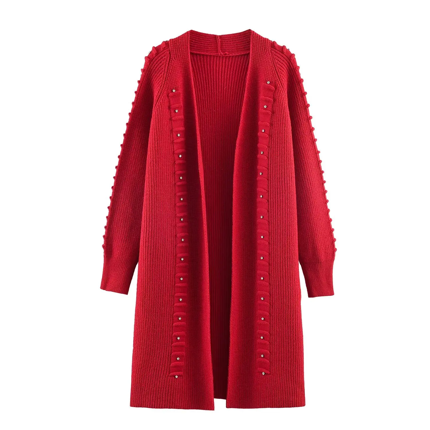 HH Damen Mode Nieten-Verzierung Langarm-Strickjacken Damen Herbst Schicke Strukturierte Einfarbige 5-Farben Hochelastische Strick-Langjacke – Detail 5