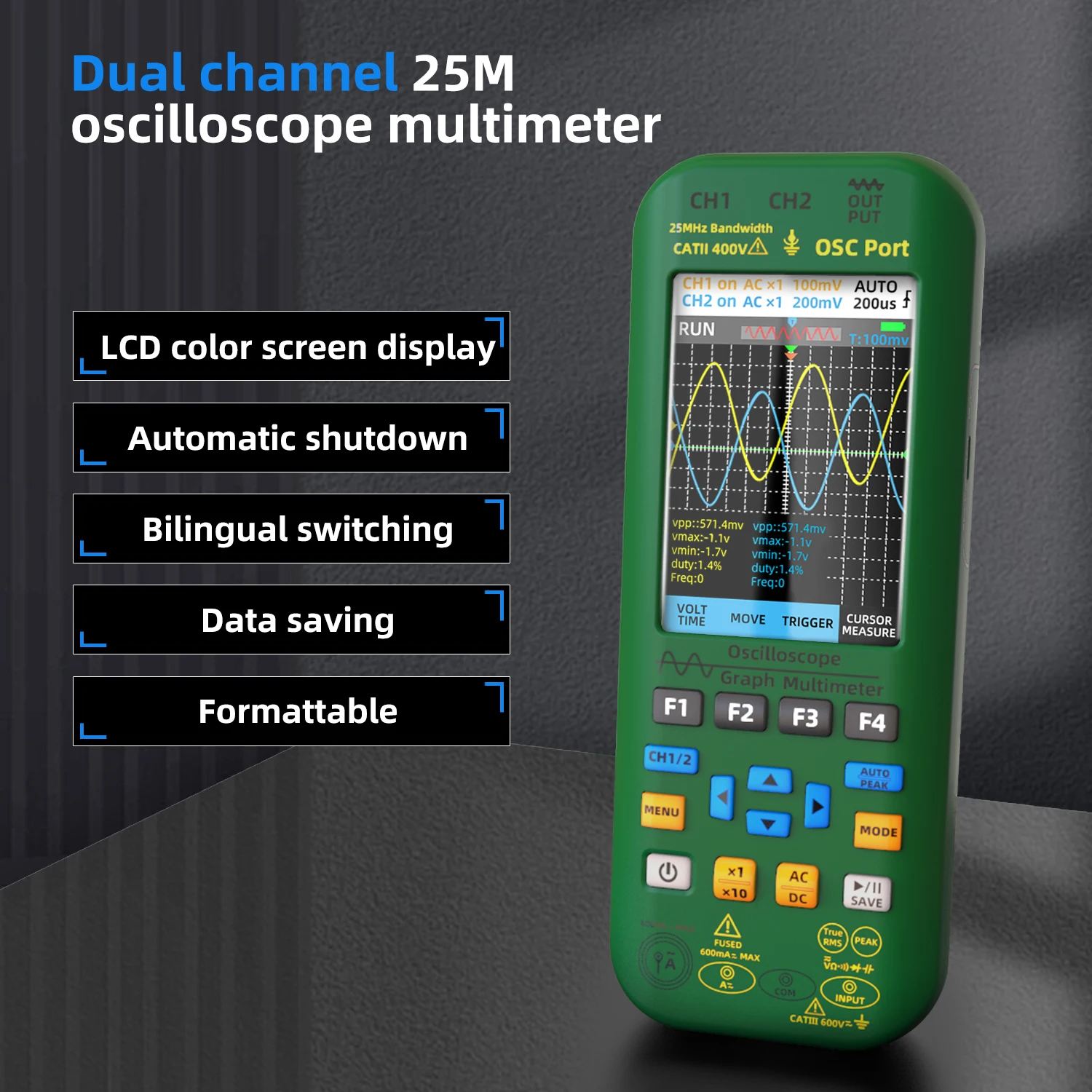 BSIDE. Handheld Oscilloscope Dual Channel 25MHz*2Vol 6000A Current Tester 4-in-1 Digital Multimeter+Functional Signal Generator 3