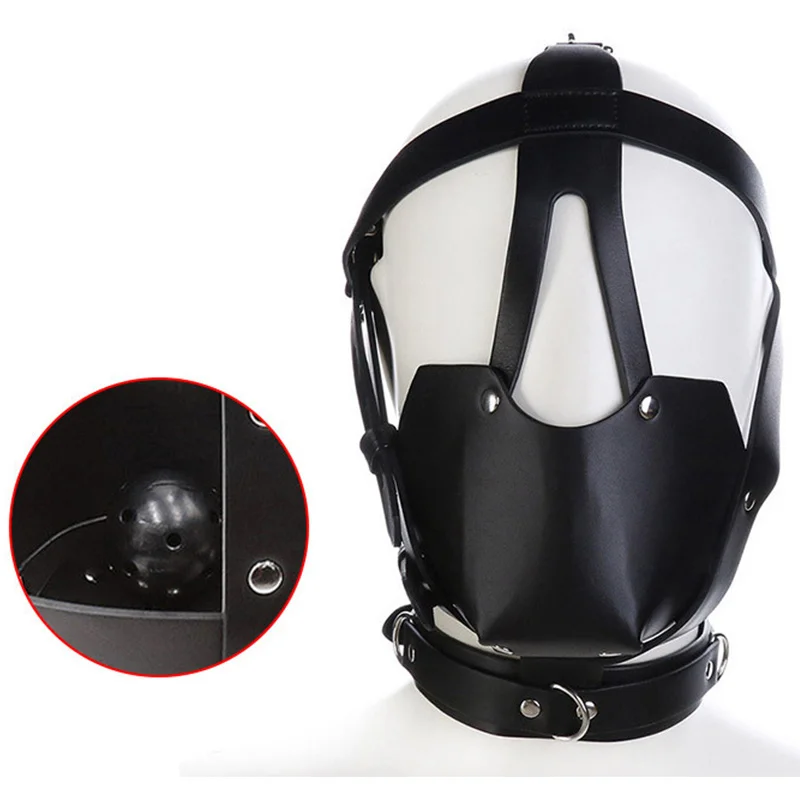 Leather Head PU Harness with Mouth Ball Gag Fetish Sae BDSM Oral Muzzle Restraints Face Mask Hood Bondage_voghion.com
