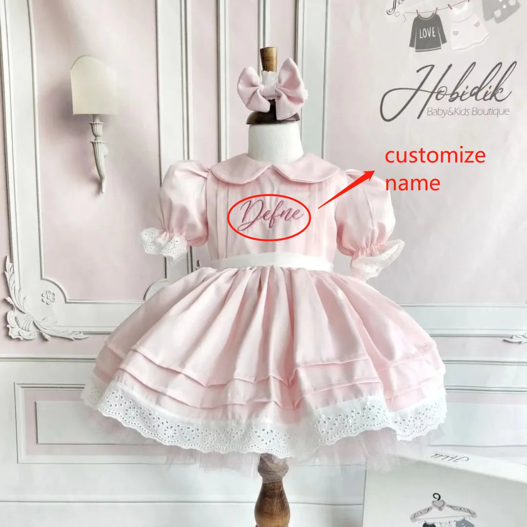

0-12Y Baby Girl Summer Pink Custom Name Vintage Lolita Princess Ball Gown Dress for Birthday Christmas Eid