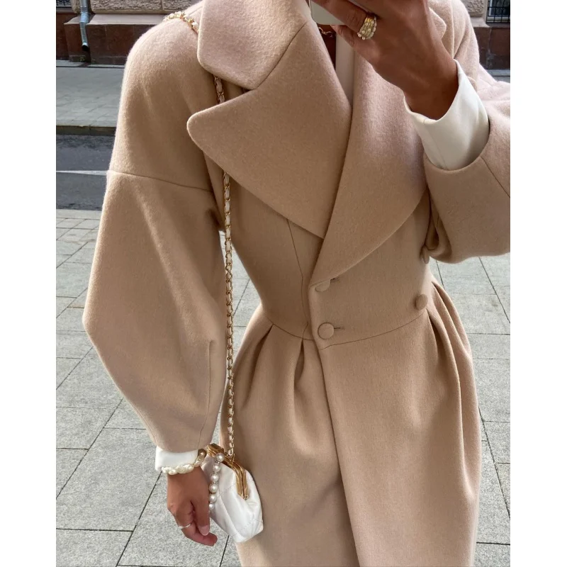 

Gy23129 Fashion Lantern Sleeve Large Lapel Woolen Coat