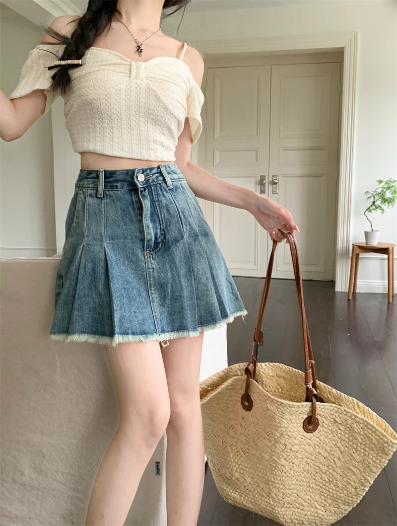 

Benuynffy Streetwear Retro Raw Hem Pleated Skirts Women Summer 2024 New Fashion All-match High Waist A-line Denim Mini Skirts