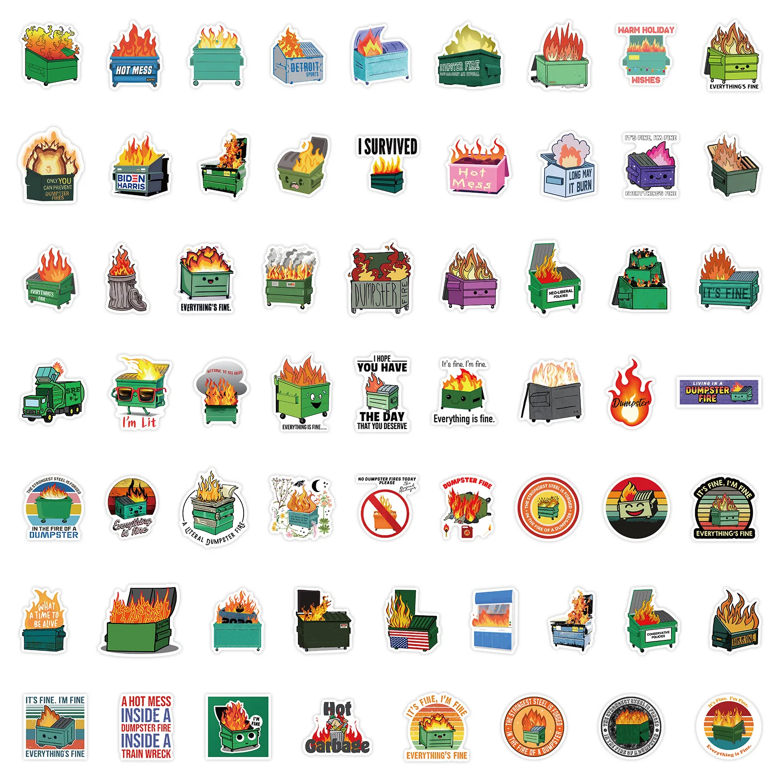 Dumpster Fire Sticker Pack - Assorted Designs for Luggage, Skateboards, Laptops, and More