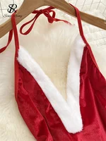 SINGREINY noël Cosplay vêtements de nuit combishort profond V ouvert entrejambe gaine body femmes Sexy tentation velours dos nu barboteuses 3