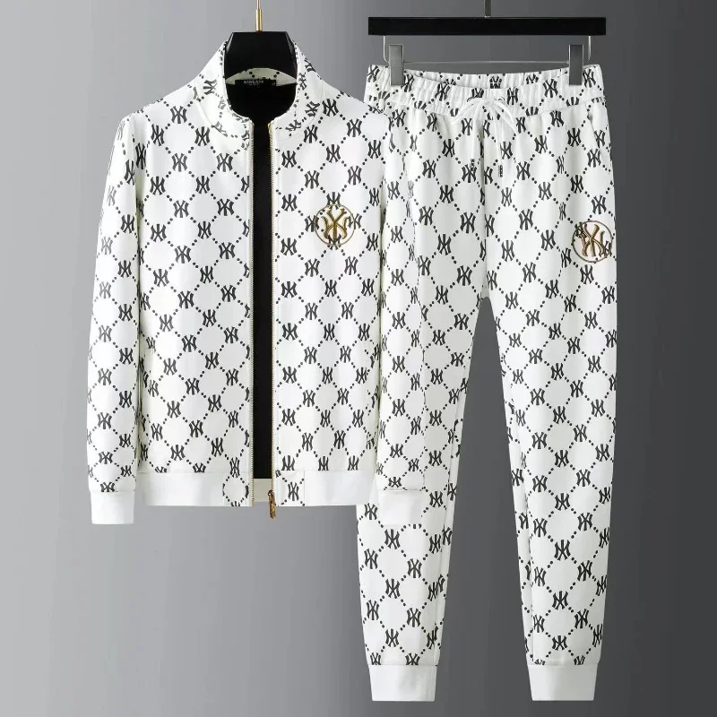 

Men's Spring and Autumn High-end Cardigan Zipper Jacket Two-piece Casual Fashion Trend Printed Long-sleeved Trousers Tracksuit