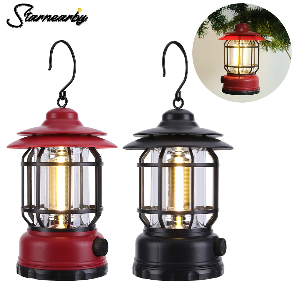PINSAI Small LED Camping Lantern,Rechargeable Retro Warm Camp Light,Battery  Powered Hanging Vintage Lamp ,Portable Waterpoor Outdoor Tent Bulb