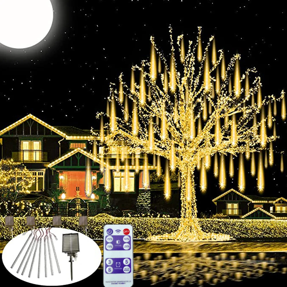 NEW Solar Light 8 Tubes Outdoor Led Meteor Shower Rain String Lights for Garden Decoration Waterproof Christmas Tree Decor solar led meteor shower rain lights holiday string lights waterproof garden light 8 tubes 144 leds christmas wedding decoration