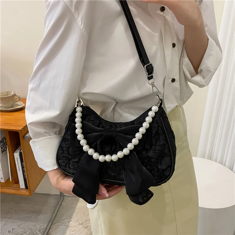 Elegant Pearl-Embellished Retro Designer Handbag with Bow - Luxury Canvas Crossbody Shoulder Bag