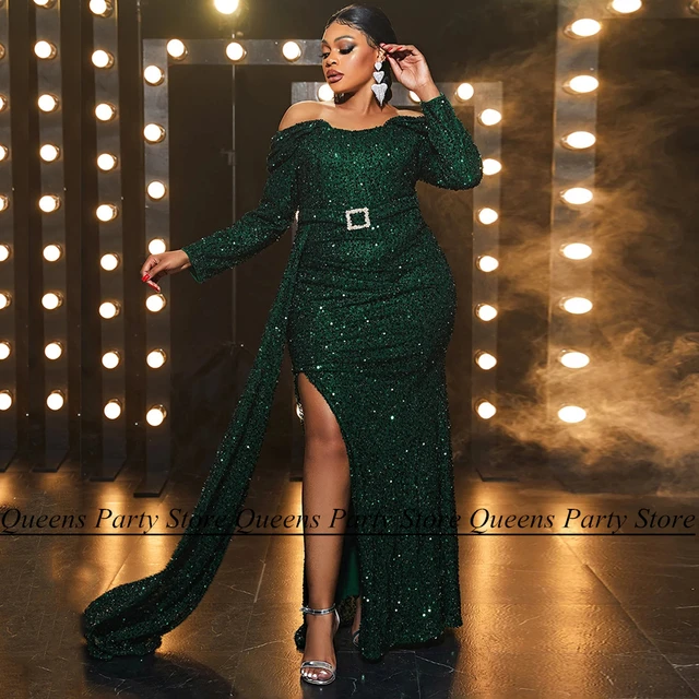 Emerald Rhinestone Mermaid One Shoulder Prom Dress With Split