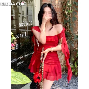 REDDACHIC 여성용 플라우 러플 미니 레드 원피스, 캐주얼 스퀘어 넥 스트레치 슬림 핏, 구김 바디콘 욕망 원피스, 여름 비치웨어