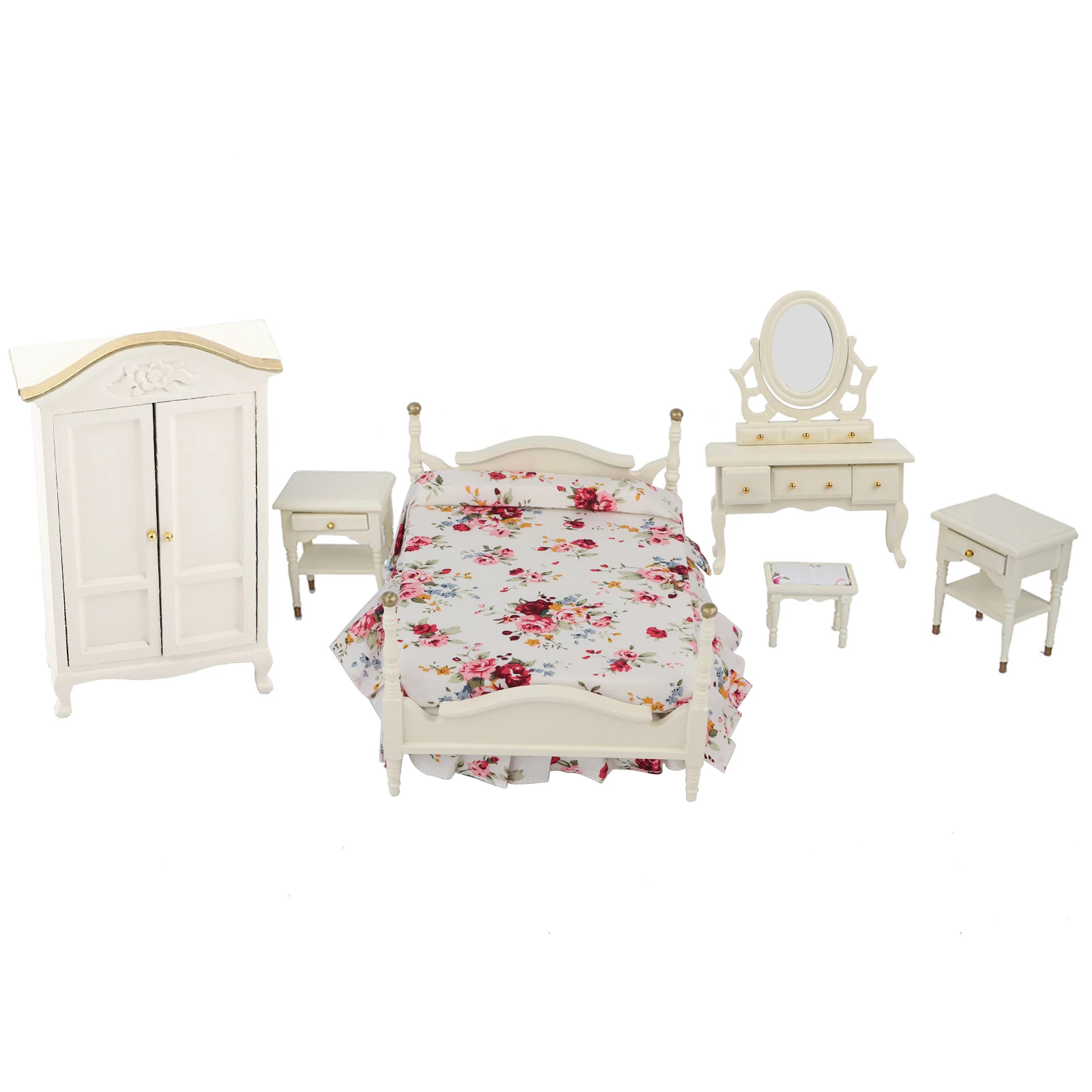

6pcs / set Wooden Mini Bedroom Set Furniture Accessories for 1:12 Dollhouse