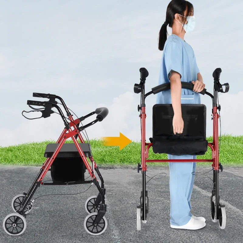 Walking Aid for The Elderly, Safe and Seatable Walker, Adjustable Height Assisted Mobility Scooter, One-Touch Folding Trolley 4