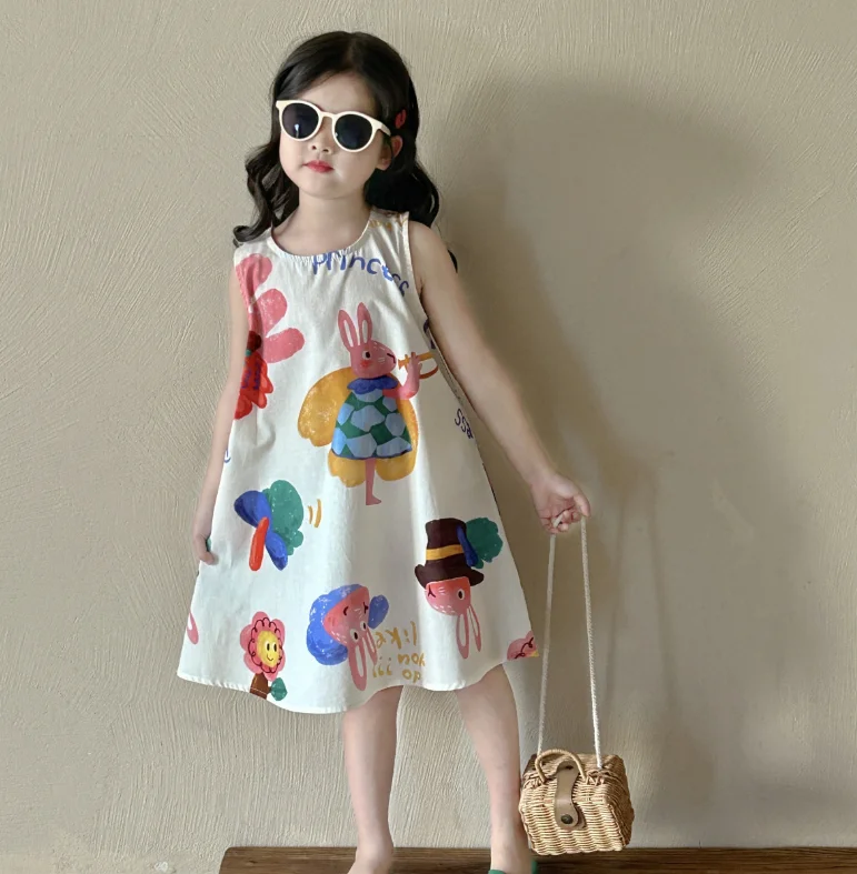 

Retail 2024 New Baby Summer Girls Cute Cartoon Vest Dress, Princess Kids Sweet Dress 2-7T