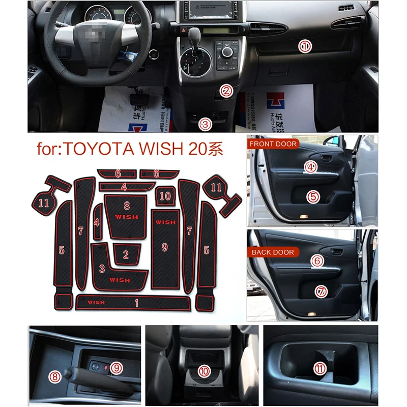 Tapete de entalhe de borracha antiderrapante para Toyota Wish 20 Series, tapetes antiderrapantes, porta Groove Pad, acessórios para interior do carro