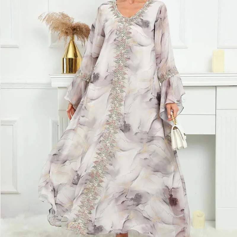 Fashion Party Evening Dress Women Gorgeous Floral Sequins Lace Muslim Abaya Fancy Robe Islamic Kaftan Long Flare Sleeve Gown