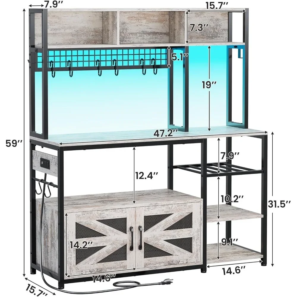 Itaar 47.2 Inch Bakers Rack with Power Outlet, Microwave Stand with Storage, Farmhouse Coffee Bar Cabinet Station with Wine Rack 2
