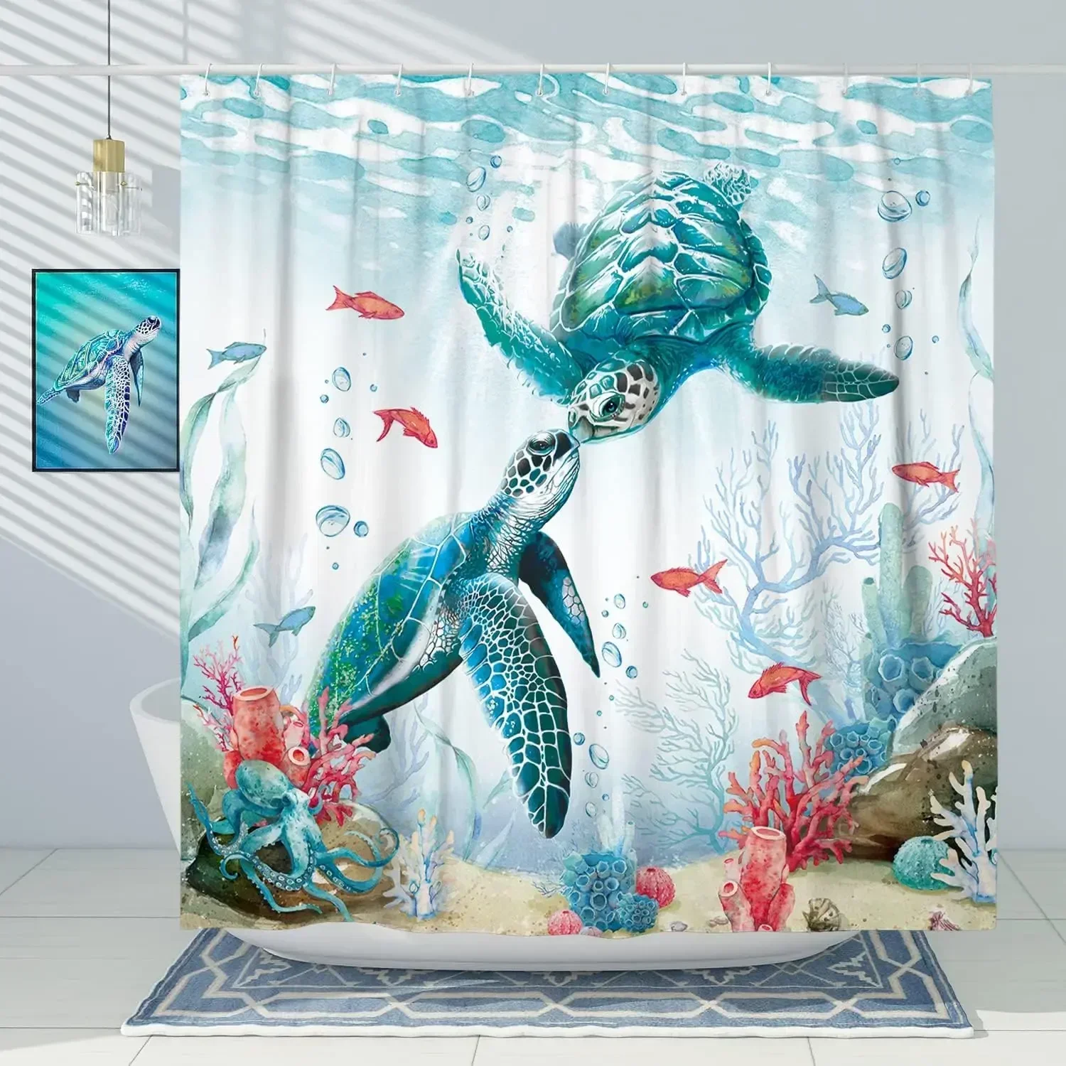 Blue Sea Turtle Shower Curtain Funny Ocean Animal Starfish Coral Tropical Fish Underwater Marine Life Curtains Bathroom Decor shower curtains