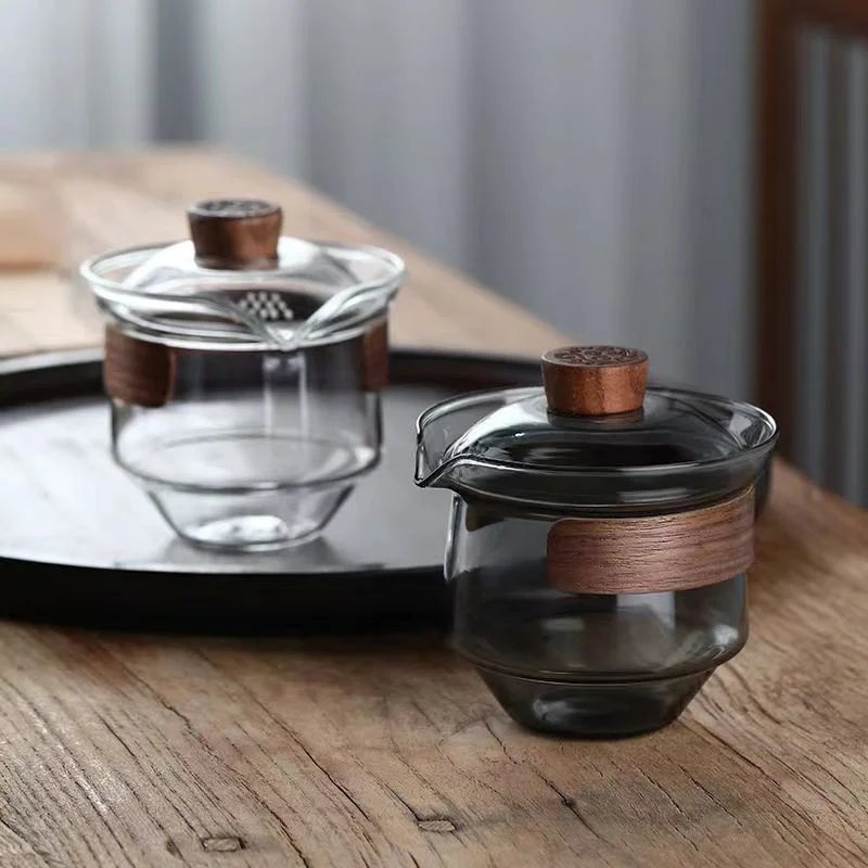 Walnut Wood Scald Proof Holder Heat-resistant Glass Gaiwan Tea Tureen Sancai Cup Tea Set Chahai Kung Fu Cup with Lid