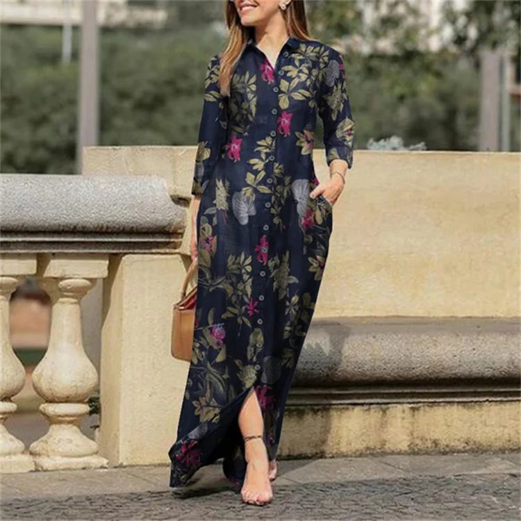 Vintage Harajuku Casual Loose Robe Elegant Shirt Maxi Dress for Women 20223 Autumn Fashion Long Sleeve Printed Dresses Vistidos