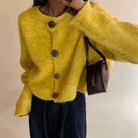New O-neck Long Sleeve Knitted Cardigan Korean Sweater Autumn Winter Jackets Loose Button Soft Women Short Cardigan Casual Top