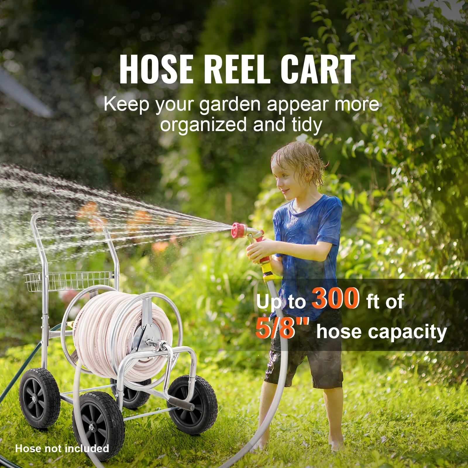 SucceBuy Hose Reel Cart Hold Up to 300 ft of 5/8’’ Hose Garden Water Hose Carts Mobile Tools with 4 Wheels Powder-coated Steel