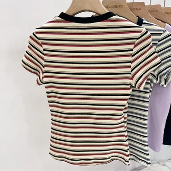 AOSSVIAO 2025 سليم صالح تي شيرتات قصيرة الاكمام المرأة موضة الكورية نمط س الرقبة كتلة اللون مخطط علوي الصيف مثير القمم 5