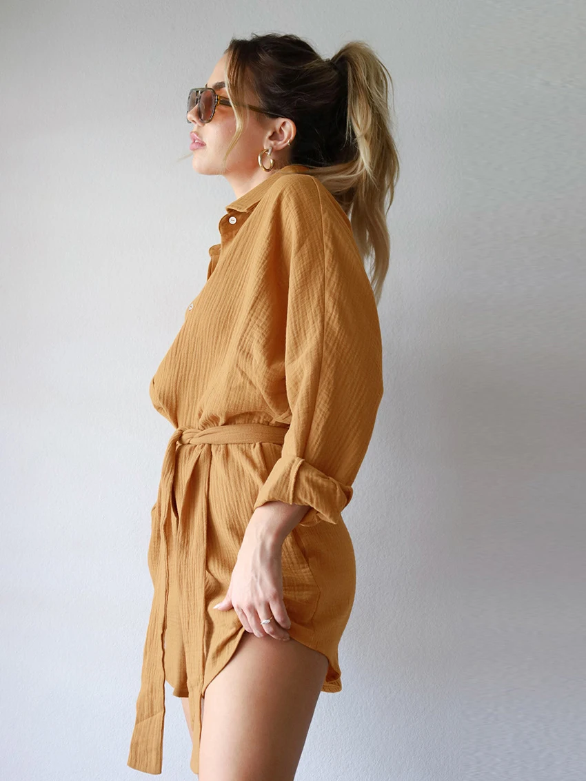 Marthaqiqi Loose Cotton Ladies Sleepwear Long Sleeve Pajamas Turn-Down Collar Nightgowns Lace Up Nightwear Casual Women Bodysuit
