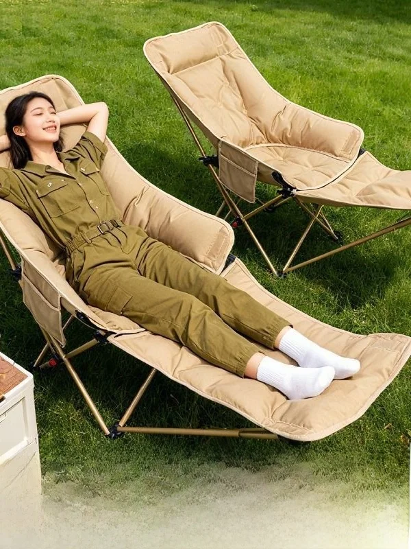 야외용 휴대용 접이식 문체어, 4단계 조절 가능한 코튼 패드 발받침대, 낮잠용 리클라이너, 캠핑 여행에 이상적