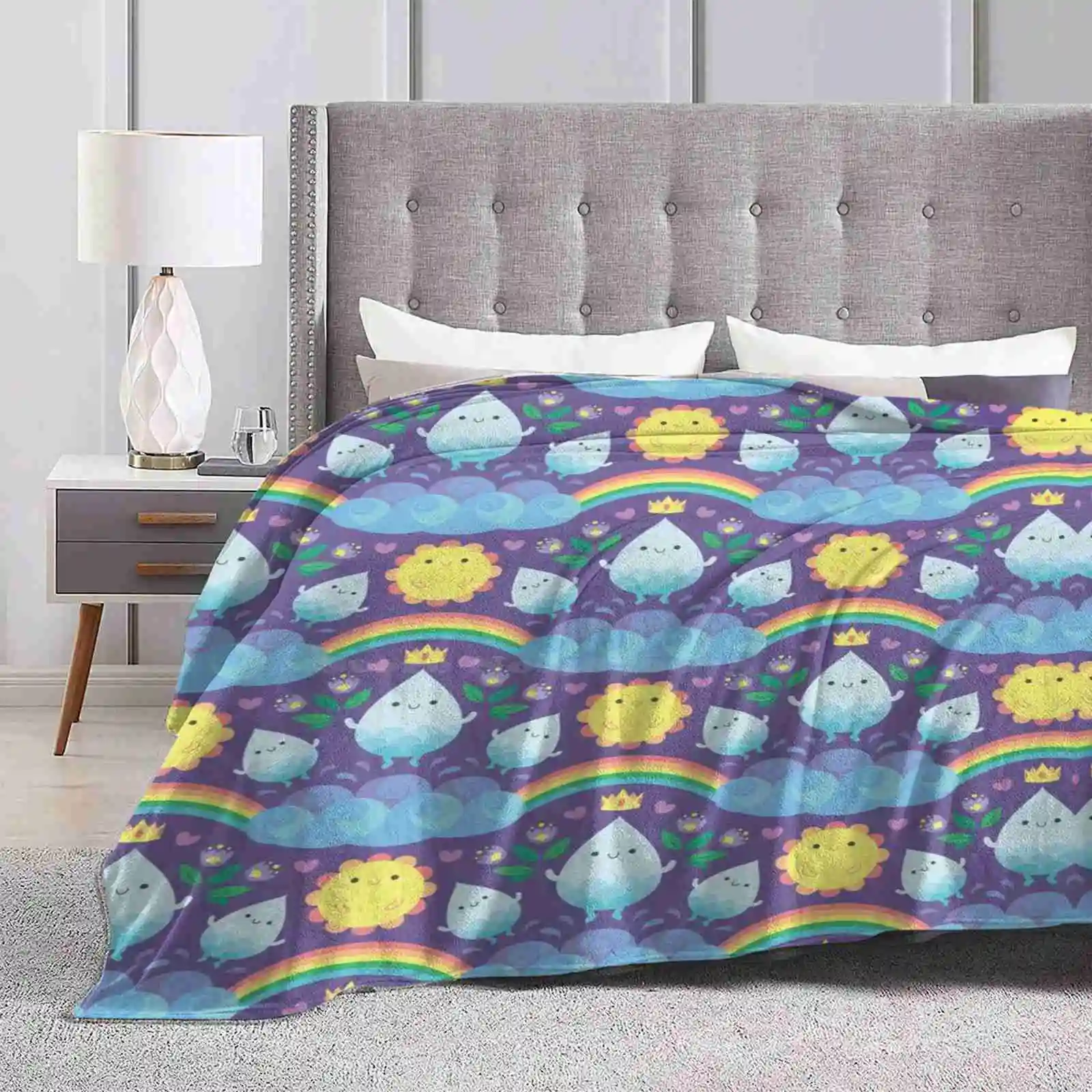 Happy Water Spirits Soft Warm Light Thin Coperta Pattern Weather Cloud Rainbow Cute Kawaii Purple Flowers Happy Smiling Sun