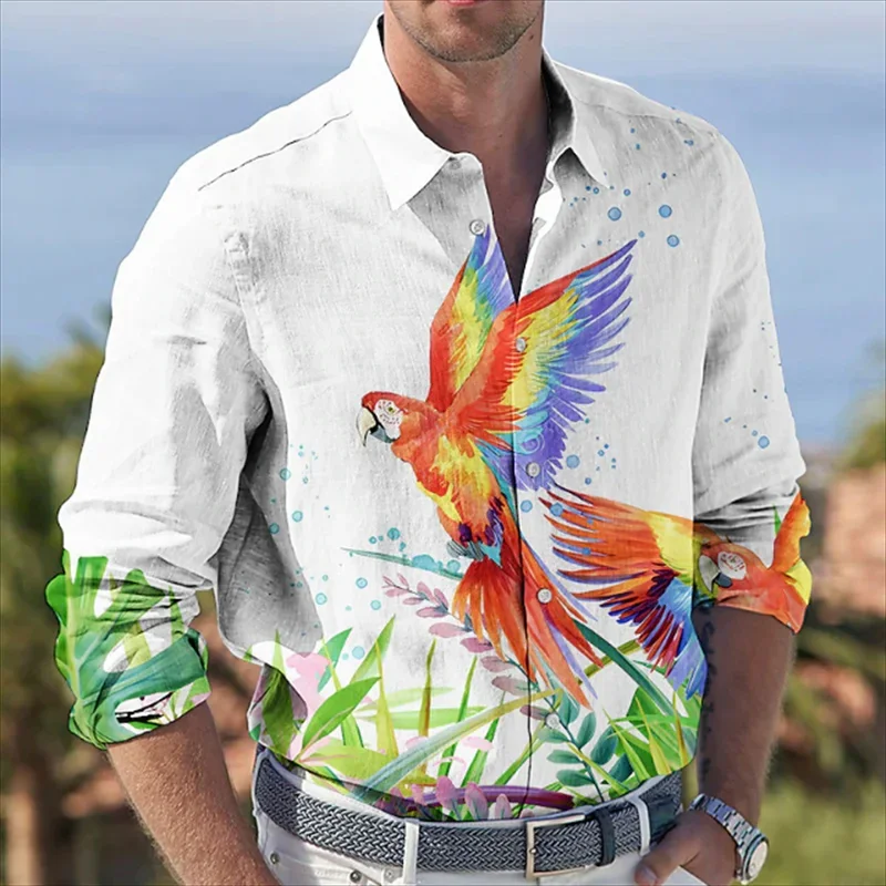 

2024 New Summer Shirt Hawaii Long sleeved Shirt 3D Printed Animal Bird Men's and Women's Beach Travel Leisure Shirt