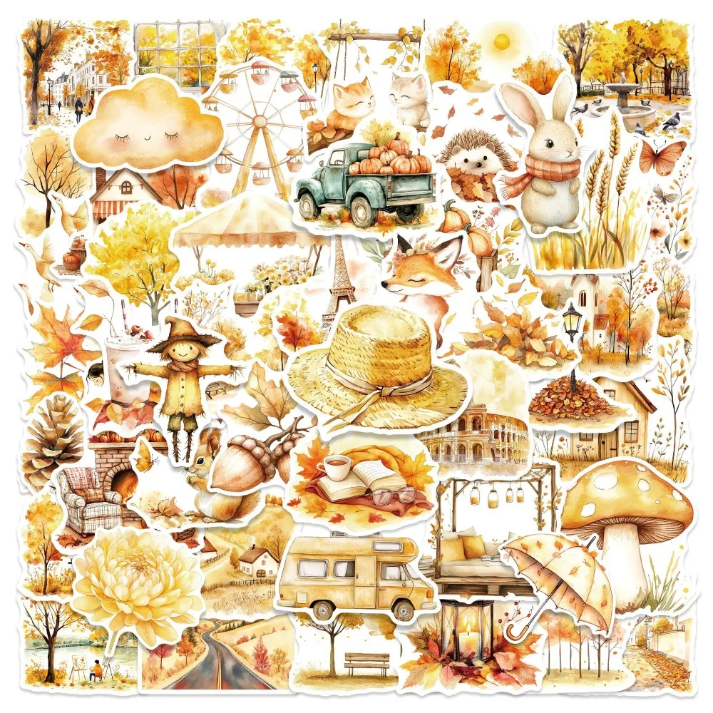 10/25/50pcs Watercolor Golden Autumn Fall Stickers for DIY Decor Phone Laptop Scrapbook Stationery Water Bottle Guitar 1