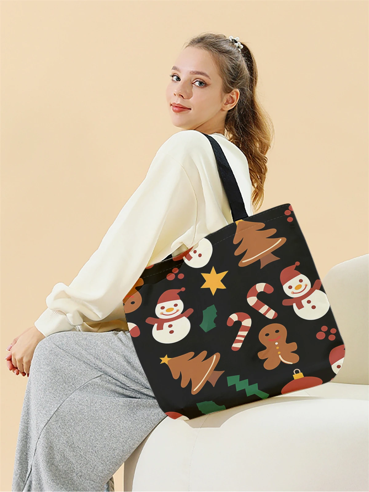 1pc,cartoon snowman handbag, reusable fashionable handbag, multifunctional handbag, printed canvas shopping bag