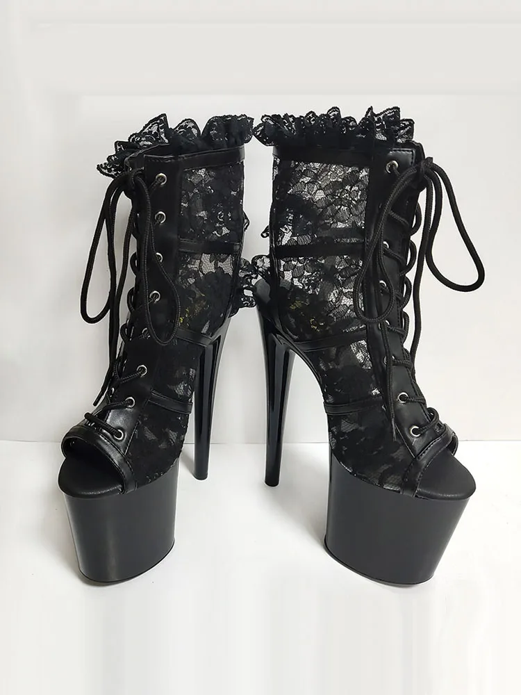 

Black 8Inch Thin Heels Peep Toe Lace 20cm Sexy Fetish Shoes Pole Dance Fashion Women Exotic Dancer Platform Ankle Boots Gothic