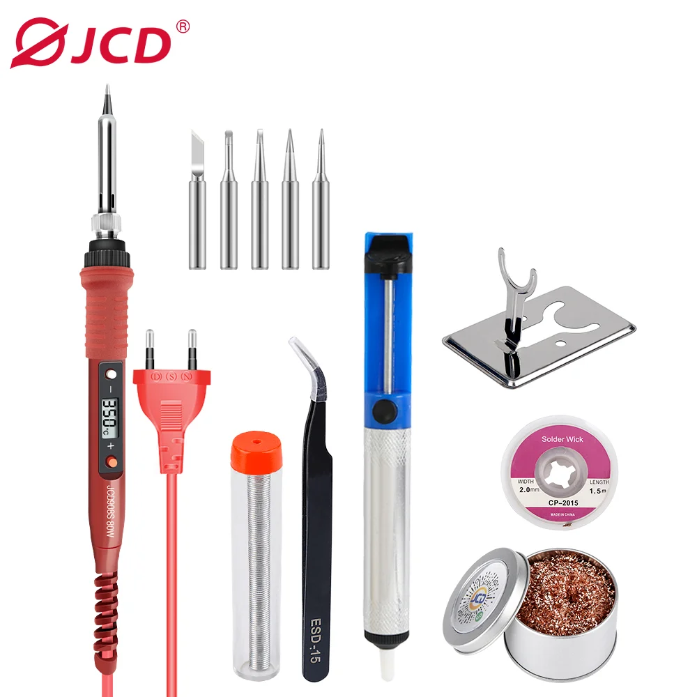 JCD 80W Soldering Iron Kit Adjustable Temperature LCD Solder Welding Tools Ceramic Heater Soldering Tips Tweezers Wire