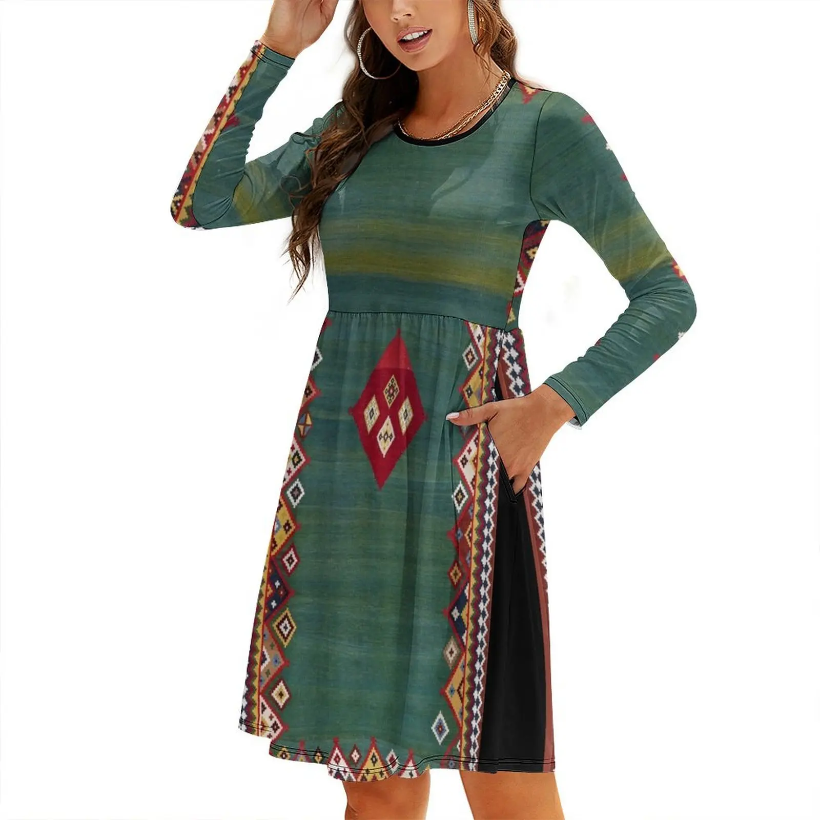 

Qashqa’i Fars Southwest Persian Kilim Print Round Neck Baggy Dress Dress for pregnant women