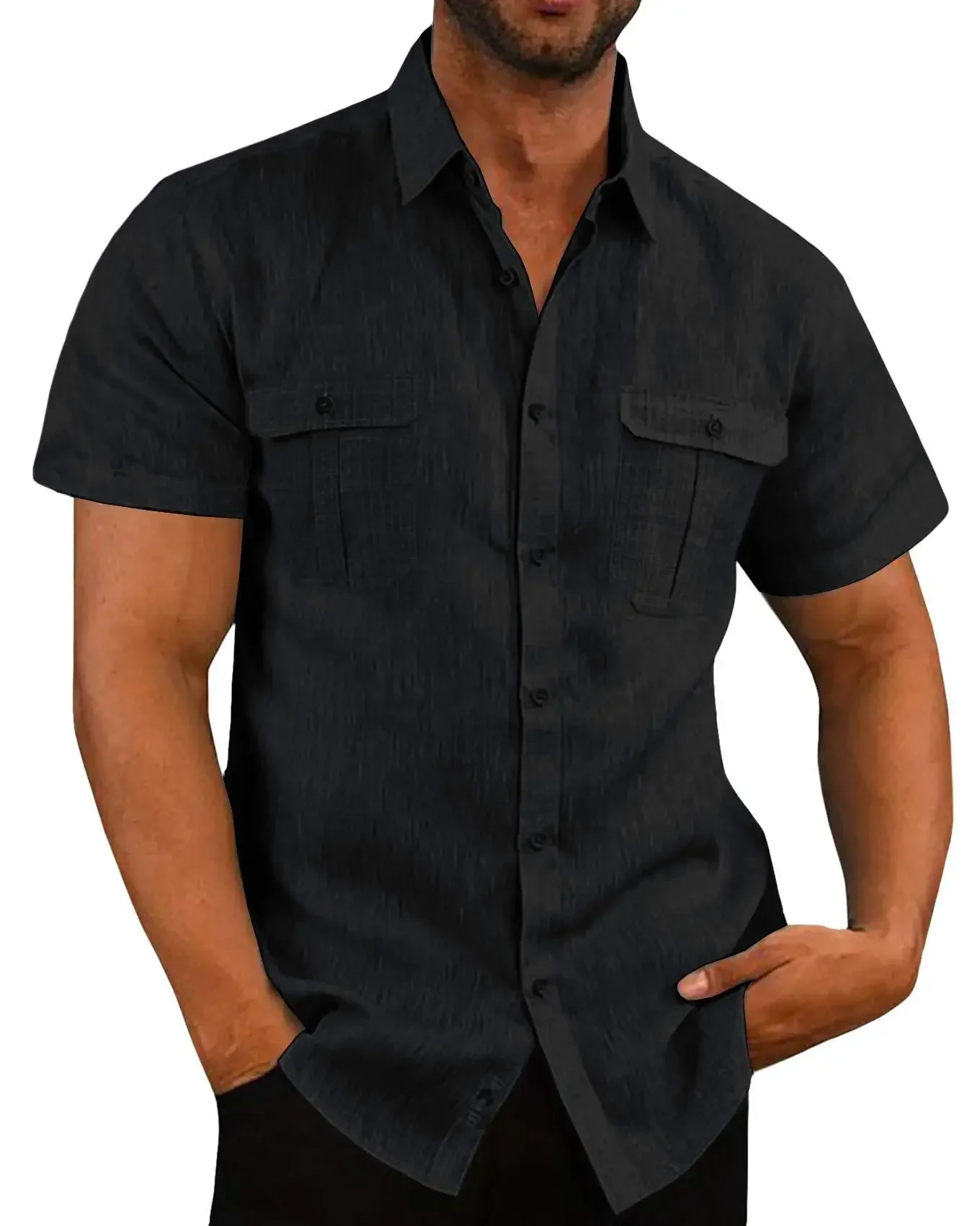 Summer Men's Short-Sleeved Shirts Custom Cotton Linen Solid Color Turn-down Collar Casual T-shirt Shirt Male Breathable Shirts