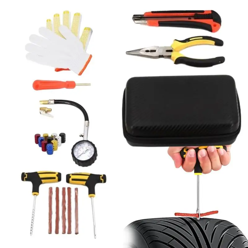 

Auto Tire Repair Kit Car Emergency tire Tools with Storage Bag Universal Automotive Tire Strips Stirring Glue Repair Tool Kit