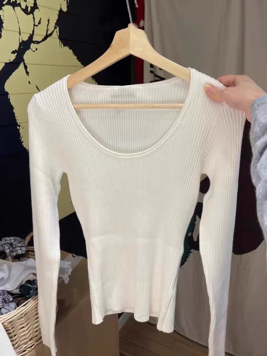 Basic Ribbed Crop Top for Women Solid Sexy U Neck Slim Cotton Long Sleeve Pullover Female Autumn Sweet Knitted Sweater Tops